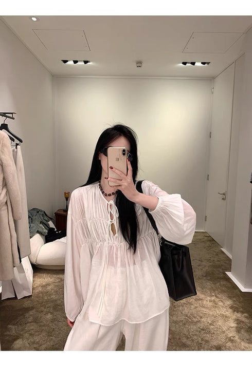 Women Lace Tie Lantern Sleeves Loose Tops